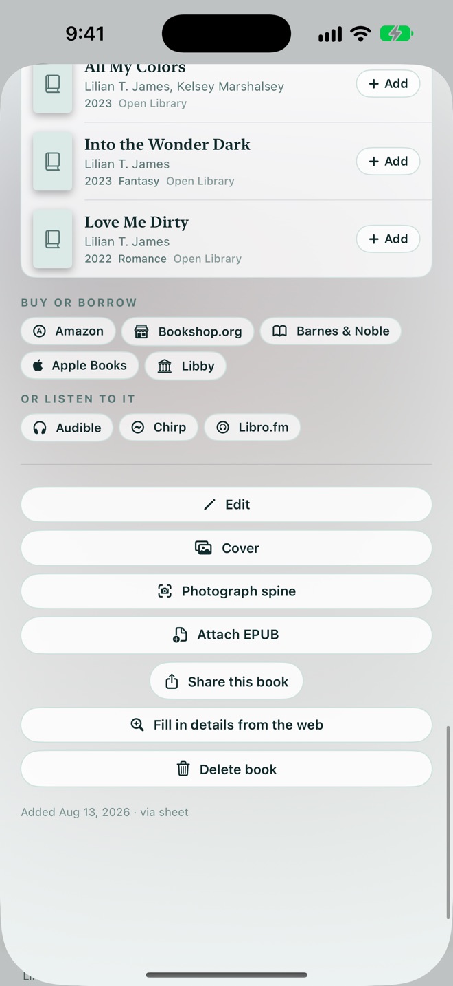 The Buy or borrow section of a book page with buttons for Amazon, Bookshop.org, Barnes and Noble, Apple Books, and Libby, plus Audible, Chirp, and Libro.fm for audiobooks