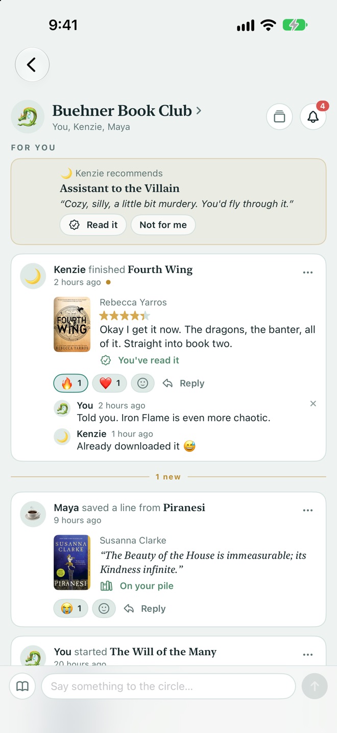 Reading Circle feed with a friend's recommendation, a finished-book post with a review, and a saved quote
