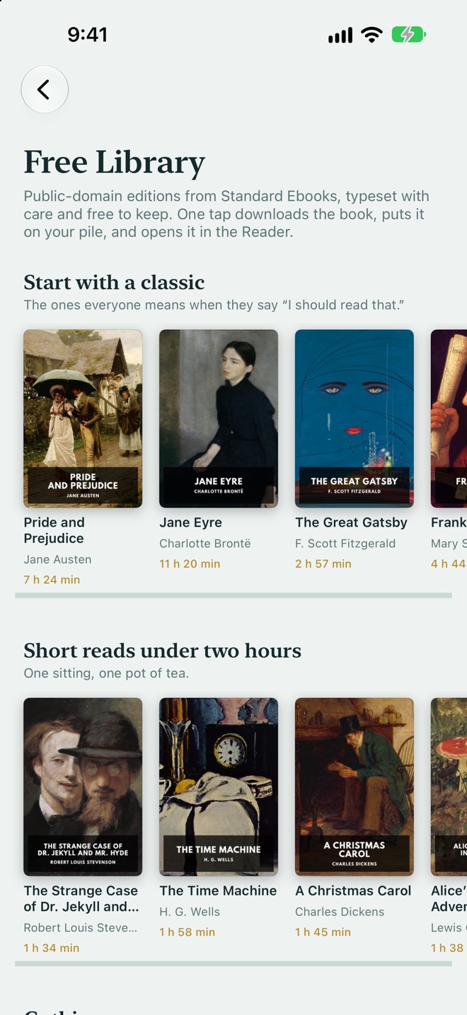 Free Library: shelves of public-domain classics such as Pride and Prejudice, Jane Eyre, and The Great Gatsby, with reading times