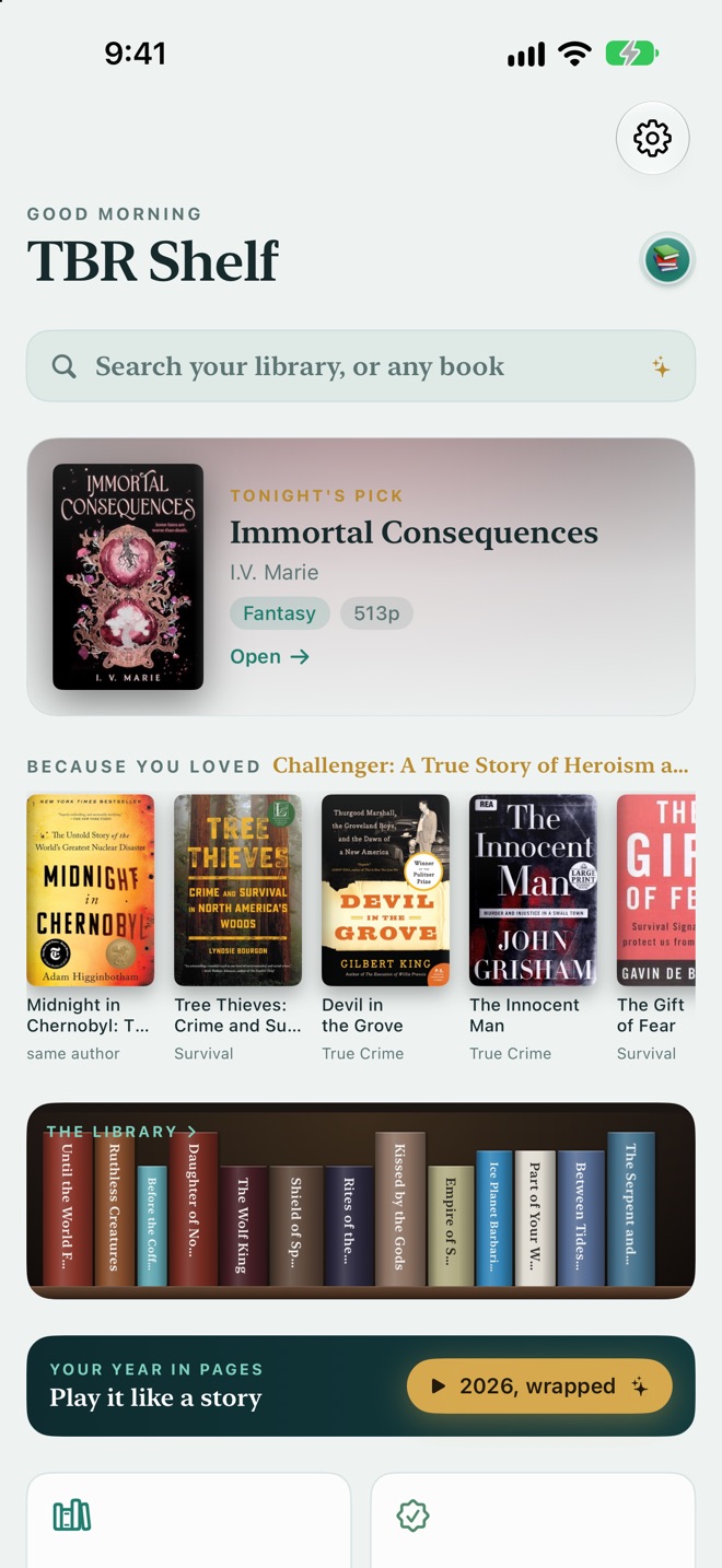 TBR Shelf home screen: tonight's pick, a row of recommendations, a strip of the bookshelf, and a Your Year in Pages card
