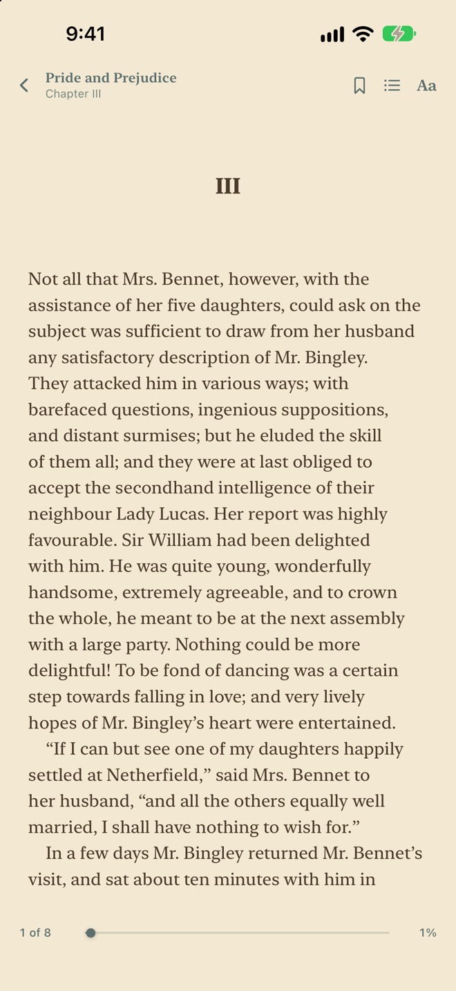 Pride and Prejudice open in the reader on sepia pages