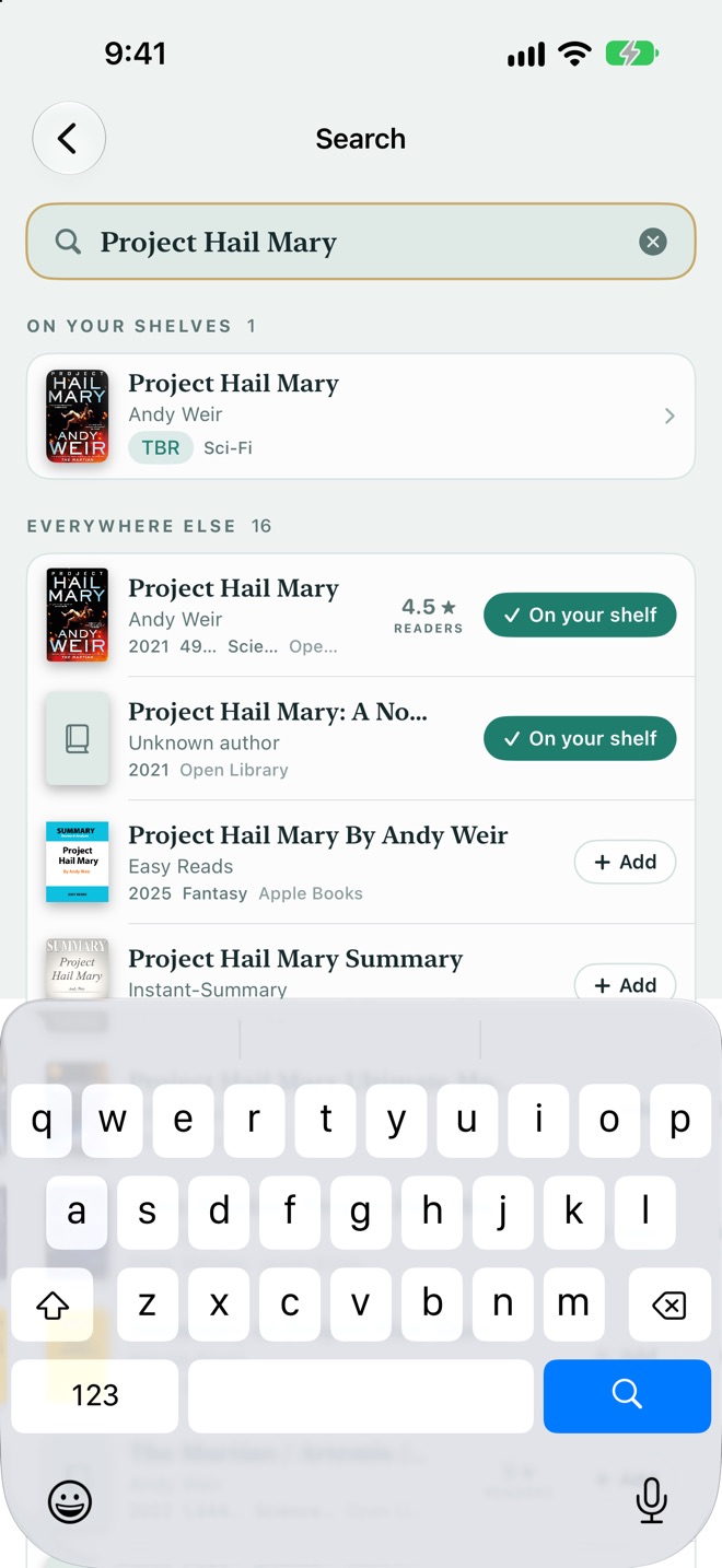 Search showing a match already on your shelves and more editions from the web, each with an Add button