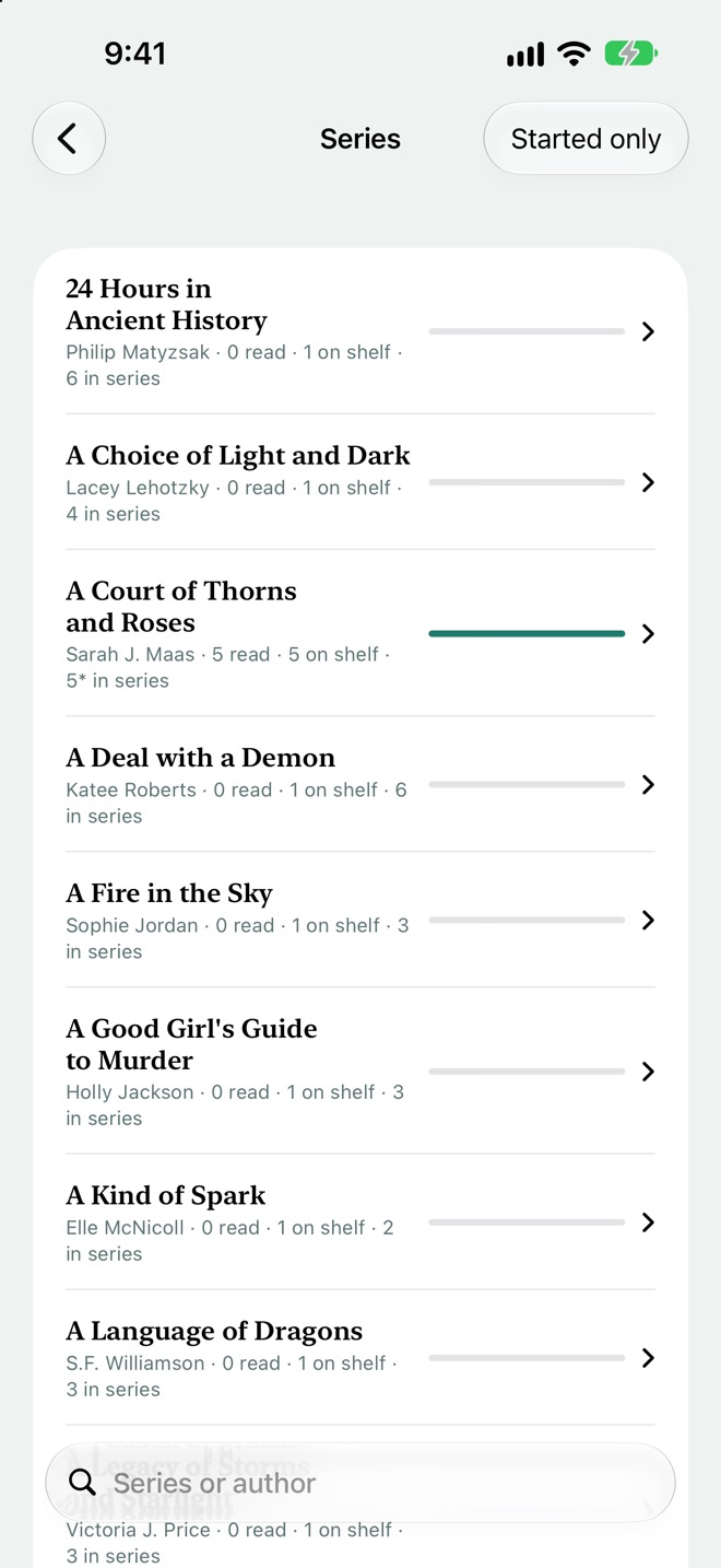 Series list with progress bars for each series