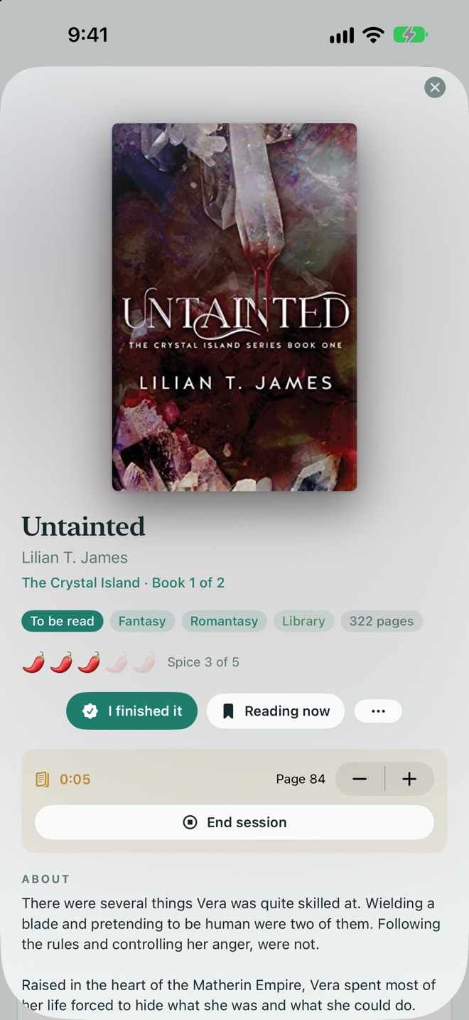 A reading session in progress, with a timer, the current page, and an End session button