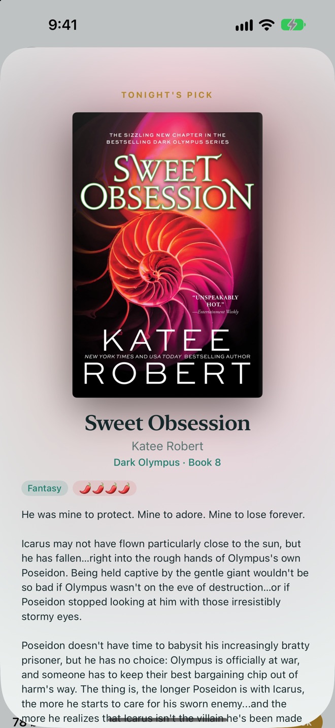 Tonight's pick: a single book revealed with its cover, series, genre, spice level, and blurb