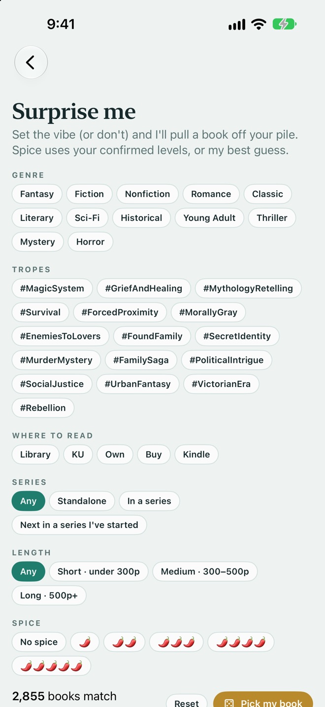 Surprise me filters: genre, tropes, where to read, series, length, and spice