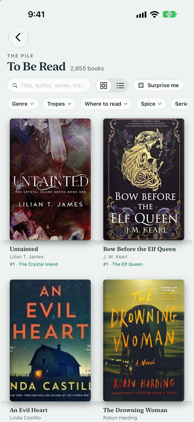 To Be Read: 2,855 books shown as a grid of covers with genre, trope, and spice filters