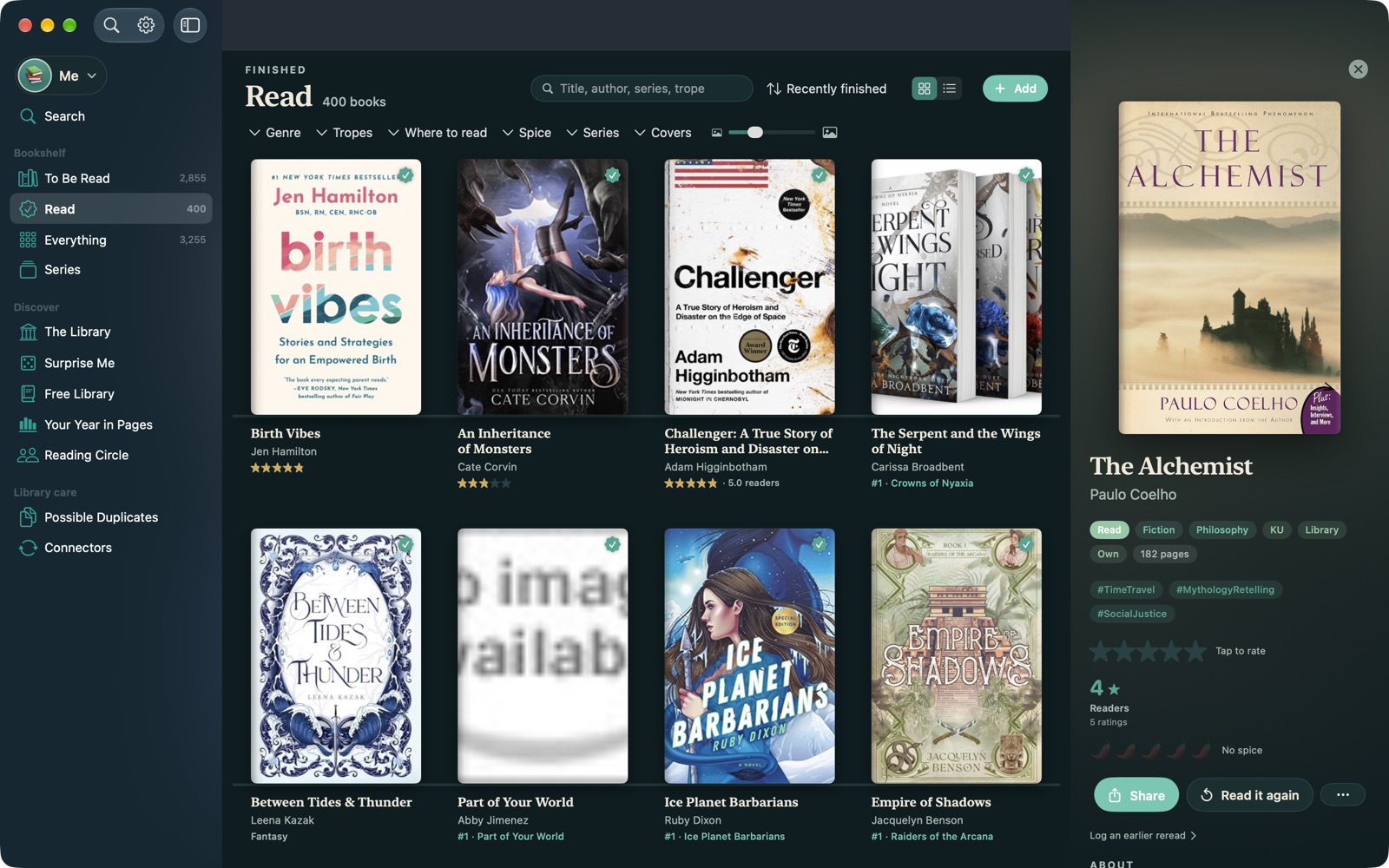 Finished books on Mac with a book's details open in the inspector on the right