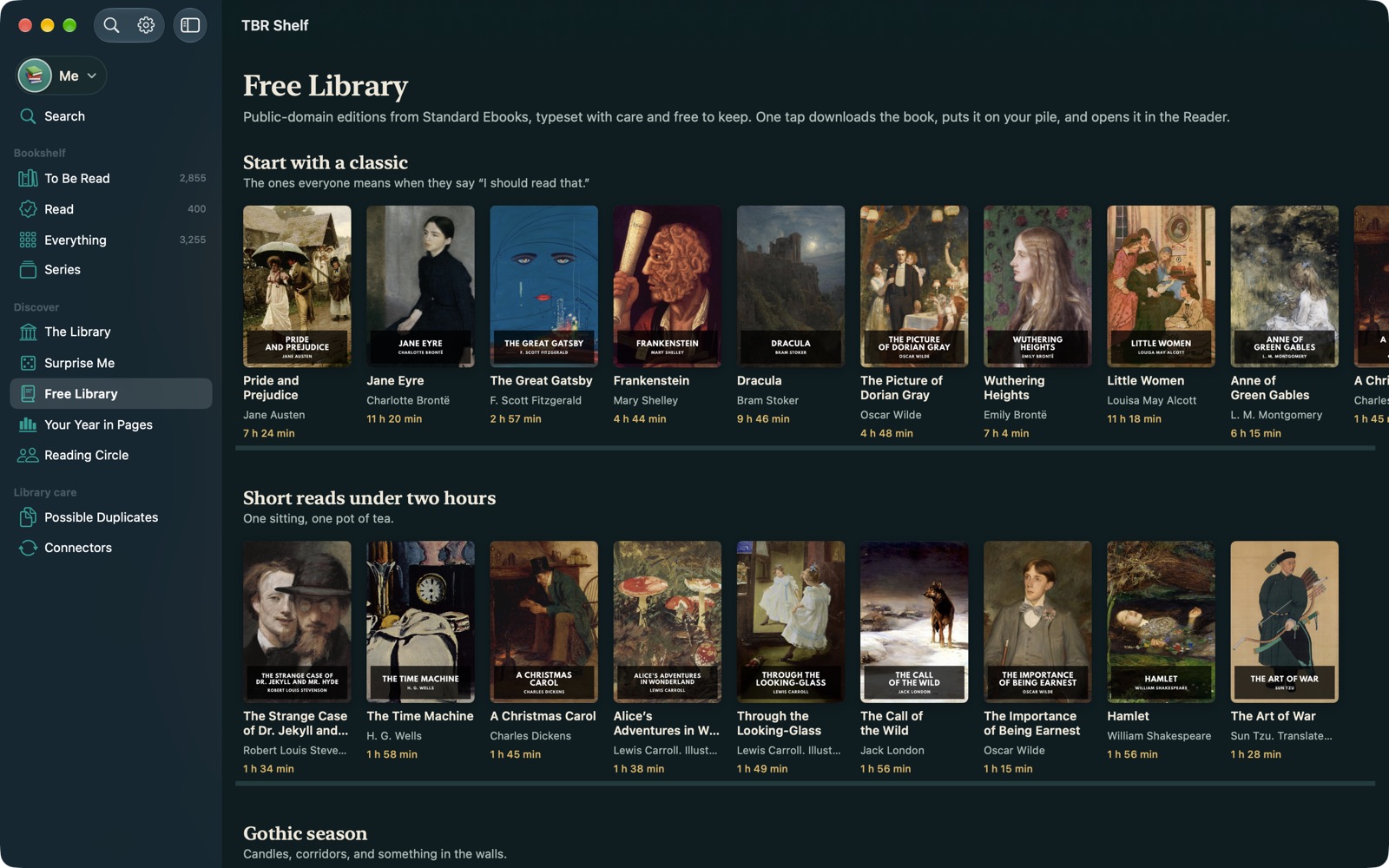 Free Library on Mac: rows of public-domain classics with reading times