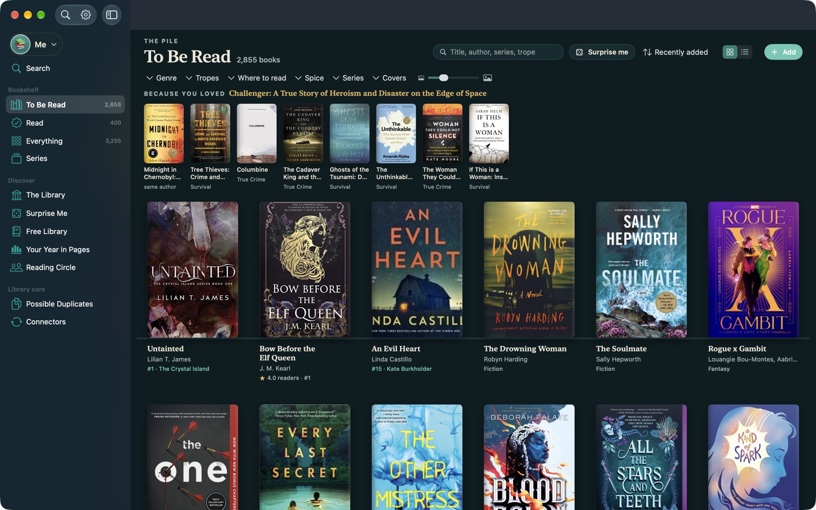 To Be Read on Mac: 2,855 books as a grid of covers with recommendations along the top